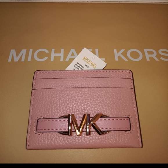 NEW! Michael Kors Reed Logo Card Holder MK Signature - Primerose Leather - Picture 1 of 3